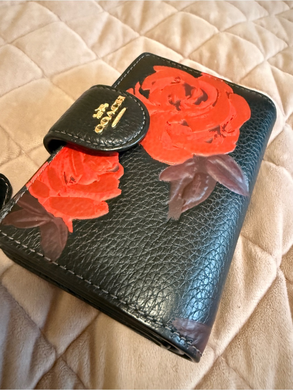Coach Black Wallet with Red Rose Floral Print